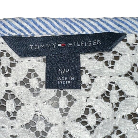 Tommy Hilfiger Blue White Stripe Boho Lace Blouse Size Small Petite - Picture 5 of 5